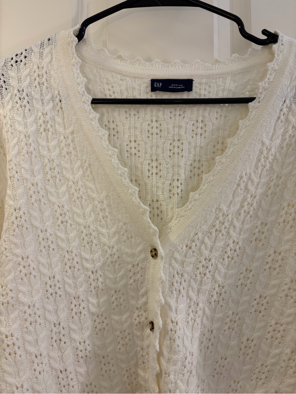 GAP Ivory Open-Knit Scallop-Edge Button Cardigan - Picture 3 of 6